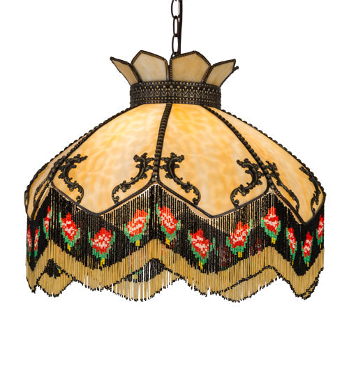 Meyda Lighting Isabella 21" 3-Light Craftsman Brown Pendant Light With Beige Art Glass & Fringe Shade