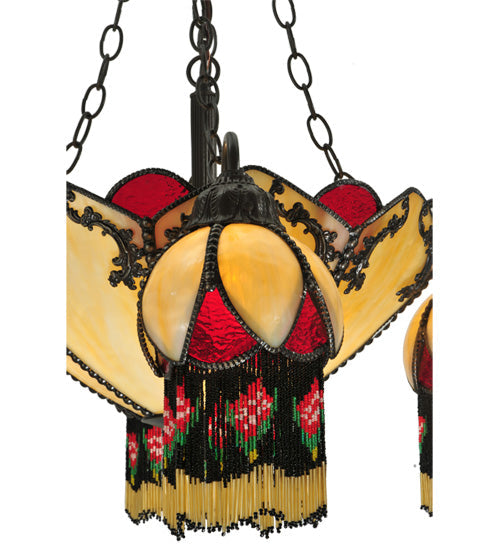 Meyda Lighting Isabella 29" 8-Light 4-Arm Craftsman Brown Chandelier With Beige Art and Red Accents Shade Glass