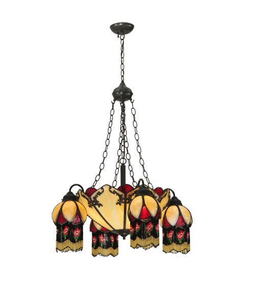 Meyda Lighting Isabella 29" 8-Light 4-Arm Craftsman Brown Chandelier With Beige Art and Red Accents Shade Glass