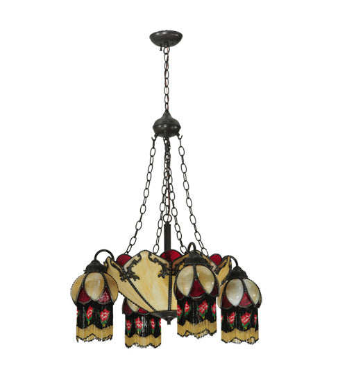 Meyda Lighting Isabella 29" 8-Light 4-Arm Craftsman Brown Chandelier With Beige Art and Red Accents Shade Glass