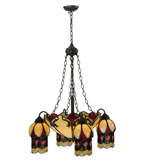 Meyda Lighting Isabella 29" 8-Light 4-Arm Craftsman Brown Chandelier With Beige Art and Red Accents Shade Glass