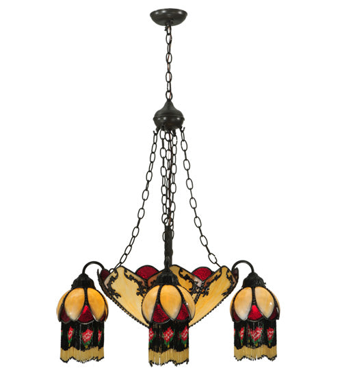 Meyda Lighting Isabella 29" 8-Light 4-Arm Craftsman Brown Chandelier With Beige Art and Red Accents Shade Glass
