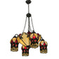 Meyda Lighting Isabella 29" 8-Light 4-Arm Craftsman Brown Chandelier With Beige Art and Red Accents Shade Glass