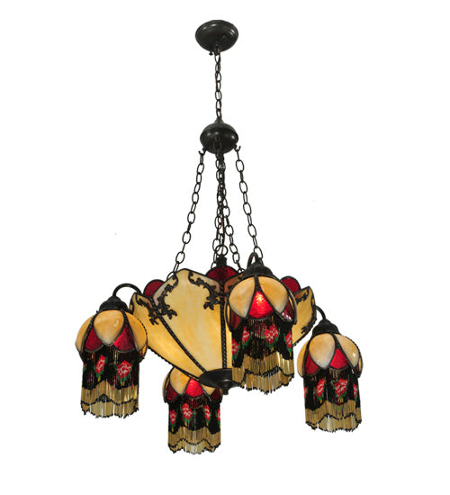 Meyda Lighting Isabella 29" 8-Light 4-Arm Craftsman Brown Chandelier With Beige Art and Red Accents Shade Glass