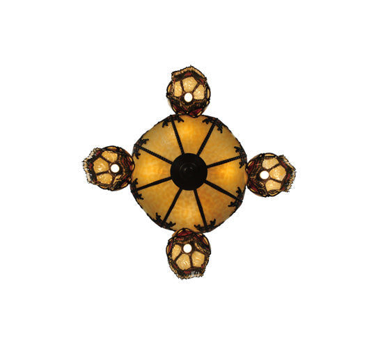Meyda Lighting Isabella 29" 8-Light 4-Arm Craftsman Brown Chandelier With Beige Art and Red Accents Shade Glass