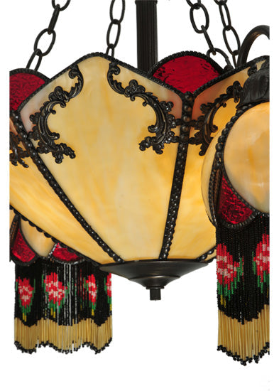 Meyda Lighting Isabella 29" 8-Light 4-Arm Craftsman Brown Chandelier With Beige Art and Red Accents Shade Glass