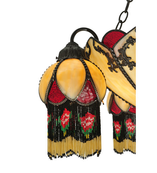 Meyda Lighting Isabella 29" 8-Light 4-Arm Craftsman Brown Chandelier With Beige Art and Red Accents Shade Glass