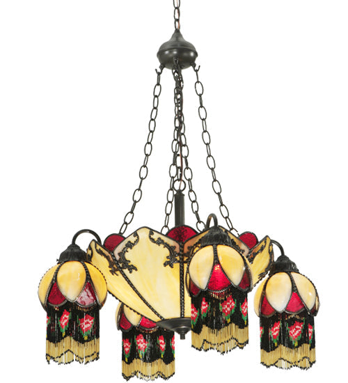 Meyda Lighting Isabella 29" 8-Light 4-Arm Craftsman Brown Chandelier With Beige Art and Red Accents Shade Glass