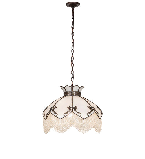 Meyda Lighting Isabella 31315 21" 3-Light Craftsman Brown Pendant Light With White Iridescent Art Glass & Whit Pearl Fringe Shade