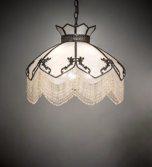 Meyda Lighting Isabella 31315 21" 3-Light Craftsman Brown Pendant Light With White Iridescent Art Glass & Whit Pearl Fringe Shade