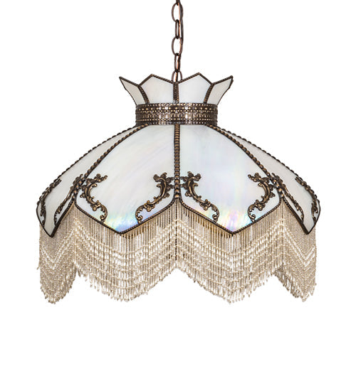 Meyda Lighting Isabella 31315 21" 3-Light Craftsman Brown Pendant Light With White Iridescent Art Glass & Whit Pearl Fringe Shade