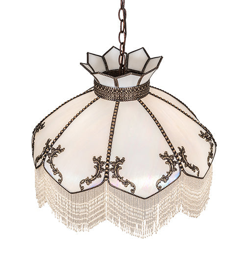 Meyda Lighting Isabella 31315 21" 3-Light Craftsman Brown Pendant Light With White Iridescent Art Glass & Whit Pearl Fringe Shade
