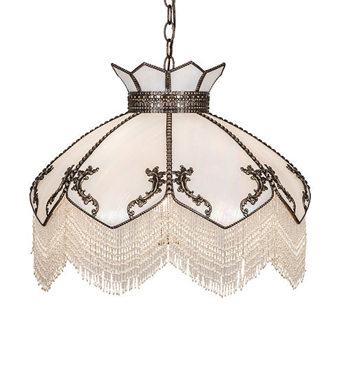 Meyda Lighting Isabella 31315 21" 3-Light Craftsman Brown Pendant Light With White Iridescent Art Glass & Whit Pearl Fringe Shade
