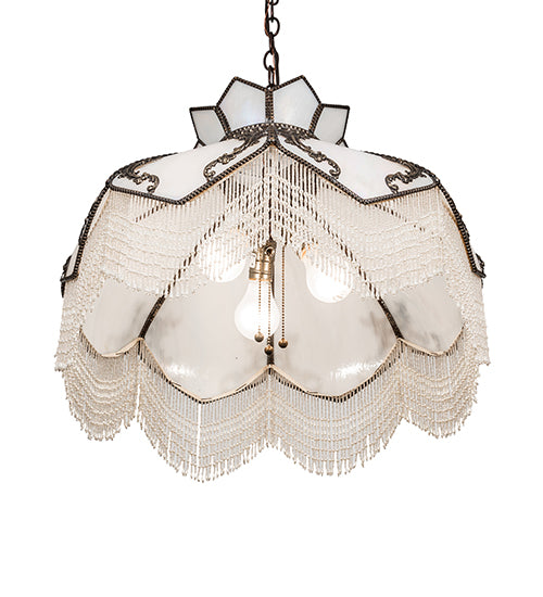 Meyda Lighting Isabella 31315 21" 3-Light Craftsman Brown Pendant Light With White Iridescent Art Glass & Whit Pearl Fringe Shade