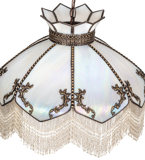 Meyda Lighting Isabella 31315 21" 3-Light Craftsman Brown Pendant Light With White Iridescent Art Glass & Whit Pearl Fringe Shade