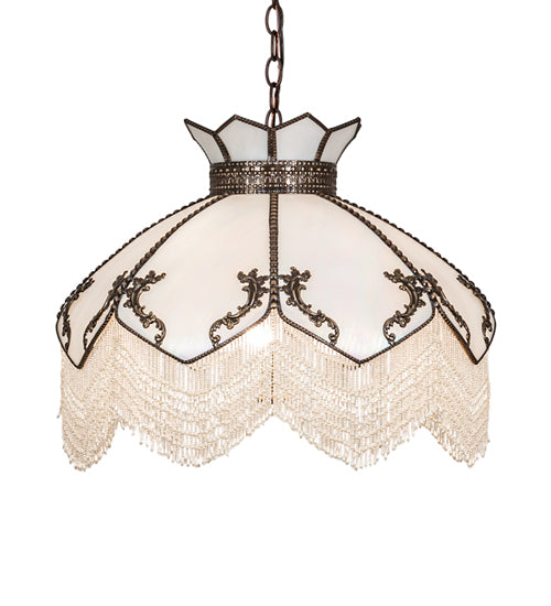 Meyda Lighting Isabella 31315 21" 3-Light Craftsman Brown Pendant Light With White Iridescent Art Glass & Whit Pearl Fringe Shade