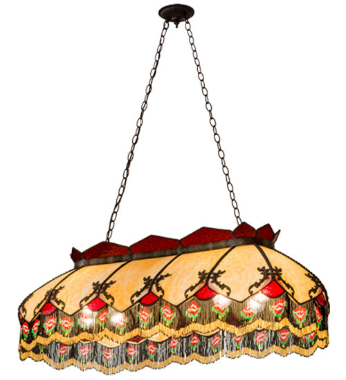 Meyda Lighting Isabella 44" 6-Light Craftsman Brown Highlighted Island Pendant Light With Beige & Red Art Shade Glass