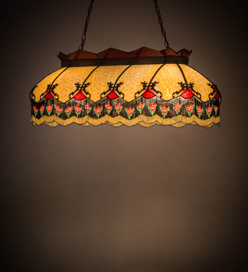 Meyda Lighting Isabella 44" 6-Light Craftsman Brown Highlighted Island Pendant Light With Beige & Red Art Shade Glass