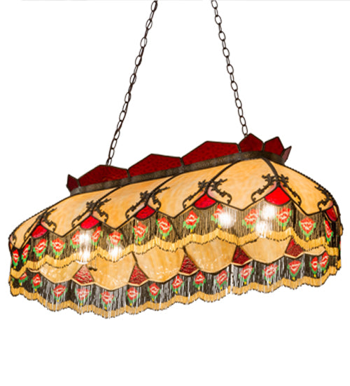 Meyda Lighting Isabella 44" 6-Light Craftsman Brown Highlighted Island Pendant Light With Beige & Red Art Shade Glass