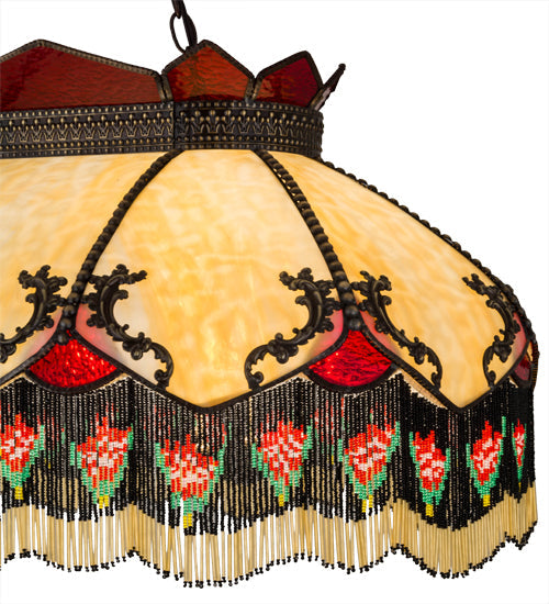 Meyda Lighting Isabella 44" 6-Light Craftsman Brown Highlighted Island Pendant Light With Beige & Red Art Shade Glass
