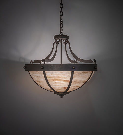 Meyda Lighting Isadore 24" 3-Light Gilded Tobacco Inverted Pendant Light With Ivory Linen Idalight Shade