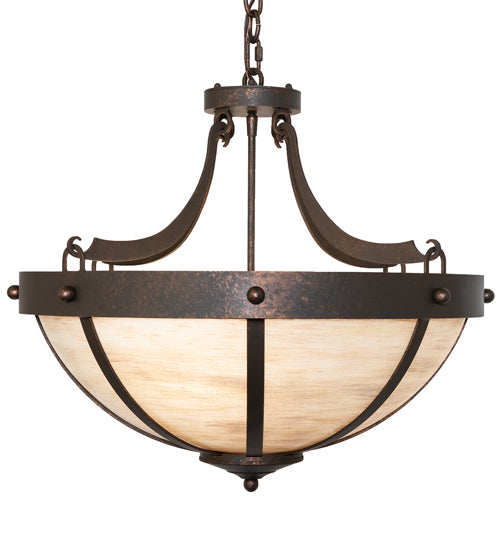 Meyda Lighting Isadore 24" 3-Light Gilded Tobacco Inverted Pendant Light With Ivory Linen Idalight Shade