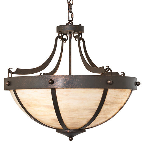 Meyda Lighting Isadore 24" 3-Light Gilded Tobacco Inverted Pendant Light With Ivory Linen Idalight Shade