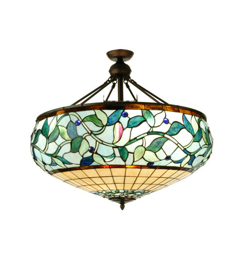 Meyda Lighting Ivy Berry 34" 6-Light Mahogany Bronze Semi-flush Mount Light With Multi-Colored Shade Glass