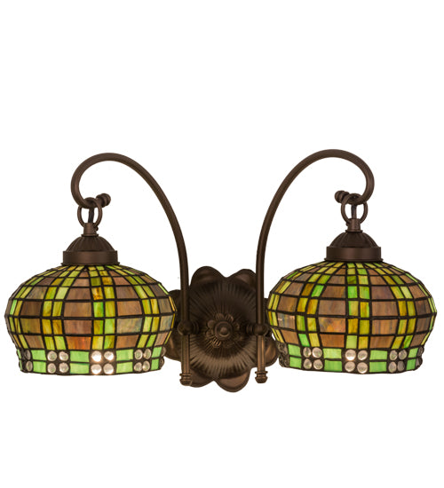 Meyda Lighting Jeweled Basket 19" 2-Light Mahogany Bronze Wall Sconce With Amber & Green Shade Glass