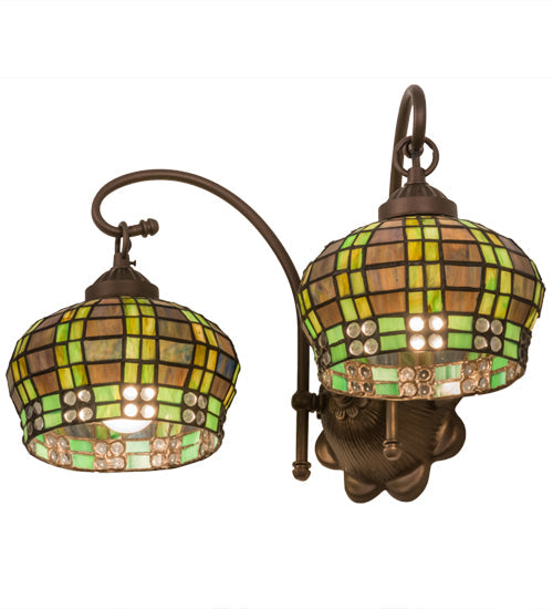 Meyda Lighting Jeweled Basket 19" 2-Light Mahogany Bronze Wall Sconce With Amber & Green Shade Glass