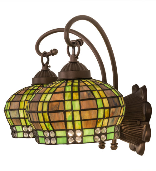Meyda Lighting Jeweled Basket 19" 2-Light Mahogany Bronze Wall Sconce With Amber & Green Shade Glass