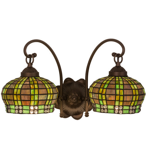 Meyda Lighting Jeweled Basket 19" 2-Light Mahogany Bronze Wall Sconce With Amber & Green Shade Glass
