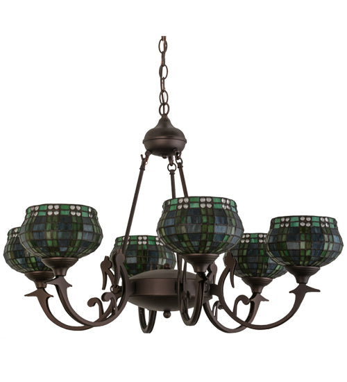 Meyda Lighting Jeweled Basket 32" 6-Light Mahogany Bronze Chandelier With Multi-Colored Shade Glass