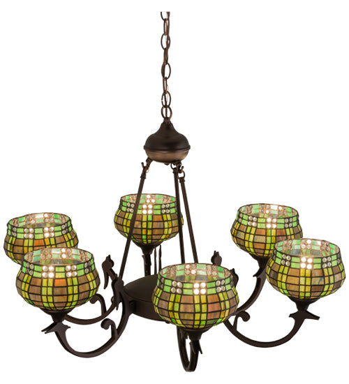 Meyda Lighting Jeweled Basket 32" 6-Light Mahogany Bronze Chandelier With Multi-Colored Shade Glass