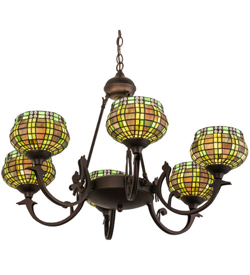 Meyda Lighting Jeweled Basket 32" 6-Light Mahogany Bronze Chandelier With Multi-Colored Shade Glass