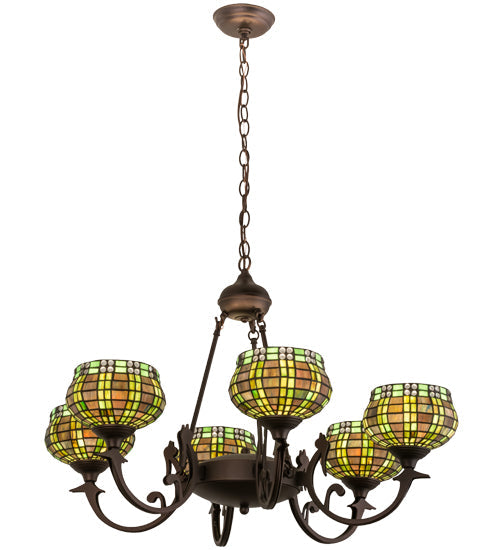 Meyda Lighting Jeweled Basket 32" 6-Light Mahogany Bronze Chandelier With Multi-Colored Shade Glass