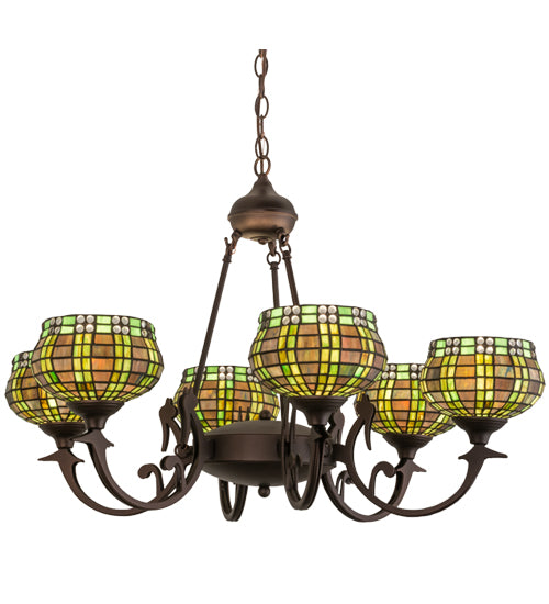 Meyda Lighting Jeweled Basket 32" 6-Light Mahogany Bronze Chandelier With Multi-Colored Shade Glass