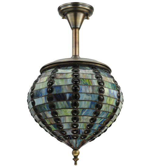 Meyda Lighting Jeweled Beehive 13" Antique Brass Pendant Light With Green Stained Shade Glass