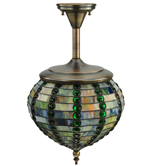 Meyda Lighting Jeweled Beehive 13" Antique Brass Pendant Light With Green Stained Shade Glass