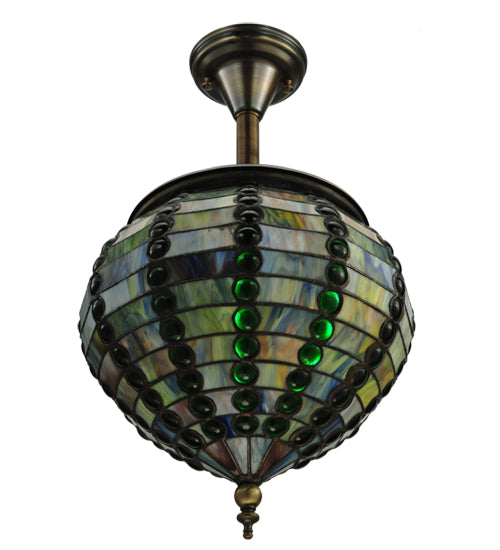 Meyda Lighting Jeweled Beehive 13" Antique Brass Pendant Light With Green Stained Shade Glass