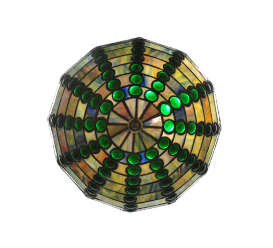 Meyda Lighting Jeweled Beehive 13" Antique Brass Pendant Light With Green Stained Shade Glass