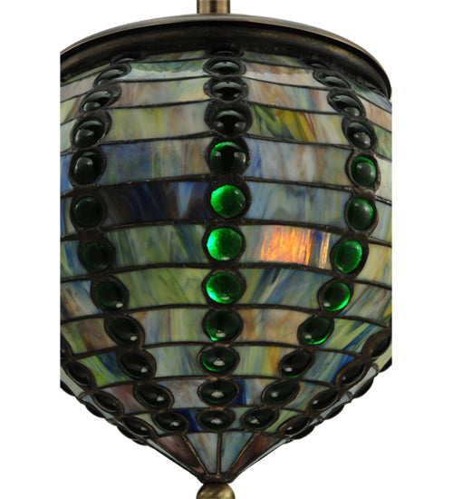 Meyda Lighting Jeweled Beehive 13" Antique Brass Pendant Light With Green Stained Shade Glass