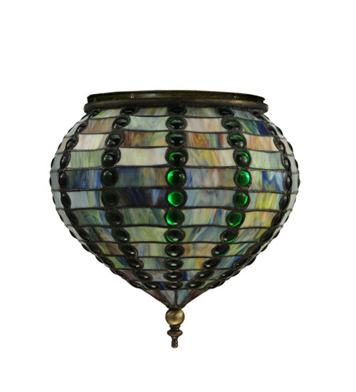 Meyda Lighting Jeweled Beehive 13" Antique Brass Pendant Light With Green Stained Shade Glass