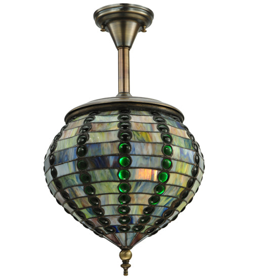 Meyda Lighting Jeweled Beehive 13" Antique Brass Pendant Light With Green Stained Shade Glass