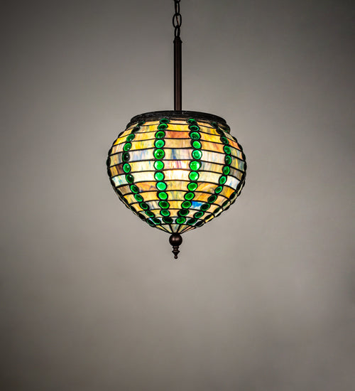 Meyda Lighting Jeweled Beehive 13" Mahogany Bronze Pendant Light With Green & Blue Art Shade Glass