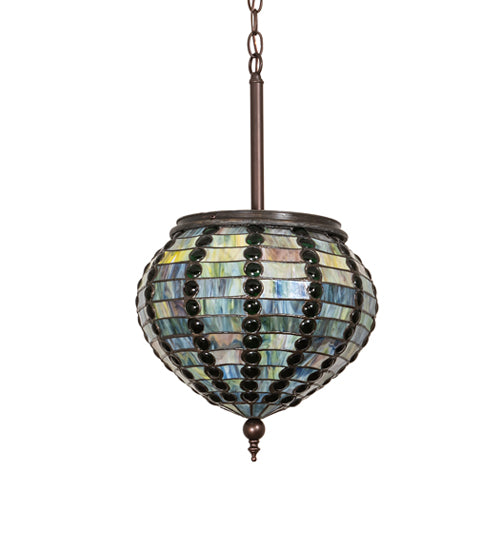 Meyda Lighting Jeweled Beehive 13" Mahogany Bronze Pendant Light With Green & Blue Art Shade Glass