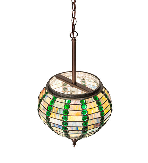 Meyda Lighting Jeweled Beehive 13" Mahogany Bronze Pendant Light With Green & Blue Art Shade Glass