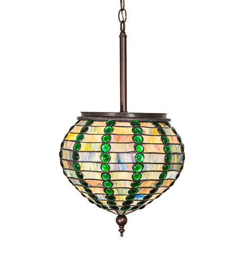 Meyda Lighting Jeweled Beehive 13" Mahogany Bronze Pendant Light With Green & Blue Art Shade Glass