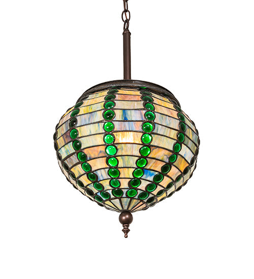 Meyda Lighting Jeweled Beehive 13" Mahogany Bronze Pendant Light With Green & Blue Art Shade Glass