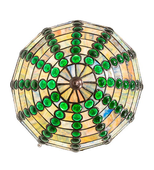 Meyda Lighting Jeweled Beehive 13" Mahogany Bronze Pendant Light With Green & Blue Art Shade Glass